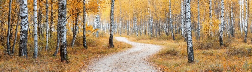 Obraz premium Serene path through a golden autumn forest with birch trees.