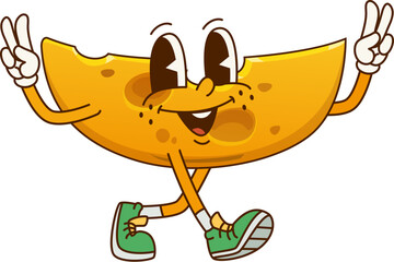 Happy smiling groovy cheese piece character. Edam milk product childish isolated personage, emmental dairy food slice or camembert cheese chunk cute groovy vector character or retro mascot