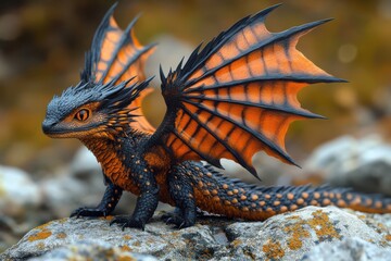 Orange and Black Dragon Perched on Rocks