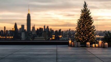 Obraz premium Christmas tree decorated with fairy lights on a rooftop, city skyline backdrop, modern holiday celebration, urban winter night