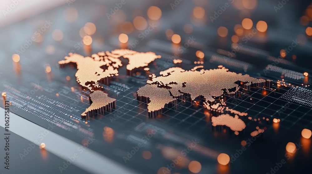 Poster financial data and charts displayed on a computer screen with a world map background, highlighting t