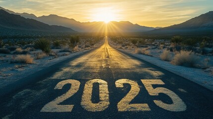 Desert highway stretching towards mountains with 2025 text painted on asphalt during golden sunset