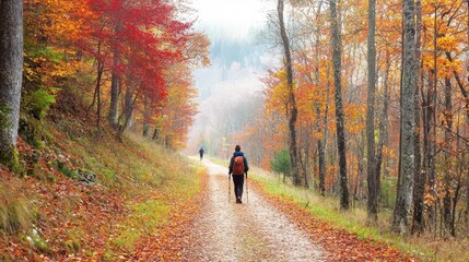 Person walking on a path surrounded by vibrant autumn trees and foliage.