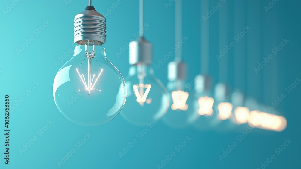 Poster a row of light bulbs progressively illuminating, representing the stages of a thought process, from 