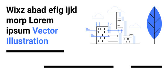 High-rise buildings with cranes, a blue leaf, and sample text blocks in black and blue. Ideal for website headers, blog posts, presentations, social media graphics, marketing materials, educational