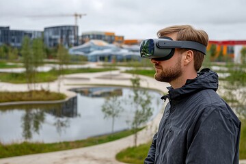 Obraz premium Man Exploring a Futuristic Cityscape with Virtual Reality Headset