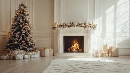 Holiday able with christmas tree and fireplace with copy space