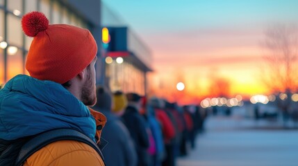 A crowd of eager shoppers waiting in line outside a electronics store before dawn, eager to snag the best deals on Black Friday.