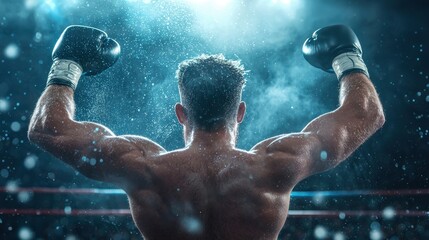 A boxer standing triumphantly in the ring, his arms raised as the referee declares him the winner, surrounded by the roar of the crowd.