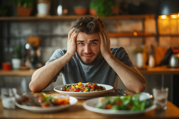 Stressed young man squeezing his head nut.