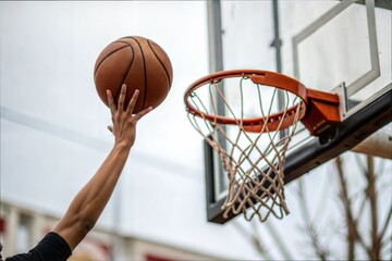 The athlete scores a basketball ball into the ring during an open air, the concept of a healthy lifestyle, promotion of sports, and an intrella to the game