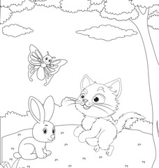 Coloring Pages Related to Cats and Dogs Admiring Beautiful Butterflies in a Blossoming Spring Garden