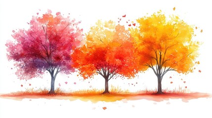 Colorful watercolor trees on a white background, showcasing vibrant autumn hues.