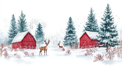 Watercolor Christmas Farm, Charming winter scene with deer, red barns, and snow-covered trees, holiday art and nature themed decorations. Isolate on white background