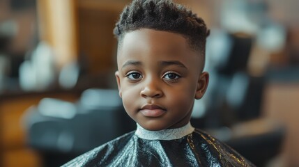 African American boy getting a haircut in barber barbershop portrait child