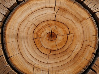 A close-up view of a tree stump revealing intricate growth rings and natural textures in warm, earthy tones
