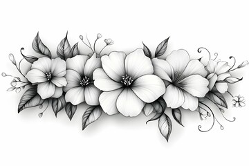 A delicate black-and-white floral tattoo design featuring three large flowers and intricate leaf patterns, perfect for a minimalist aesthetic.