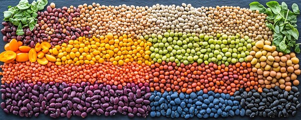 A vibrant display of assorted pulses and beans arranged in a rainbow pattern emphasizing health and nutrition