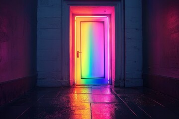 Obraz premium Boundless Potential: A neon-lit open door with rainbow light spilling out, symbolizing opportunities and endless possibilities. 