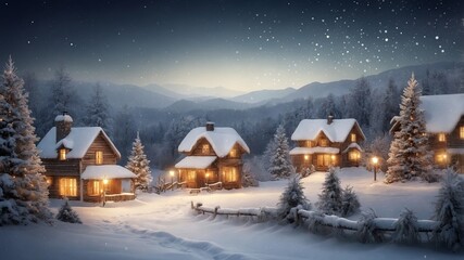 Cozy mountain village illuminated at night with snow-covered trees during a serene winter evening