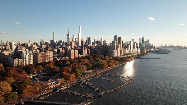 Downtown New York skyline with beautiful fall colors. Upper West Side, 4K drone shot.