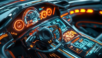 Detailed 3D model of a car dashboard with functional dials and indicators.