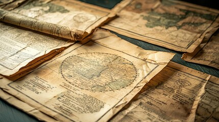 Fototapeta premium Vintage maps and documents spread out on a table, displaying historical geography.