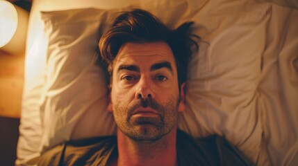 Man lying in bed with wide-open eyes, showing deep concern and fatigue, unable to sleep in dimly lit room with soft glow from nightstand lamp.
