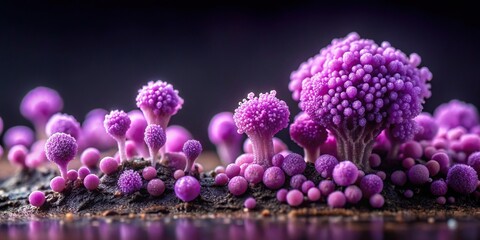 Purple slime molds in different shapes on a dark background, abstract, unusual, fungal, organic, weird