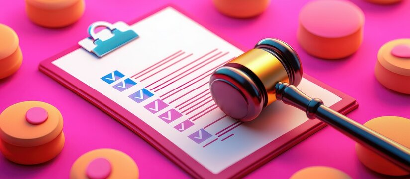 Detailed 3D compliance icon with a checklist and gavel for legal processes.