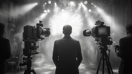 Fototapeta premium A television crew is preparing to broadcast live from an event venue, illuminated by bright lights and surrounded by a focused audience. The atmosphere is energized as the crew sets up their cameras
