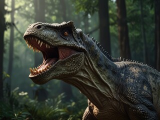 Obraz premium close up of a tyrannosaurus rex،tyrannosaurus rex in the forest،tyrannosaurus rex dinosaur 