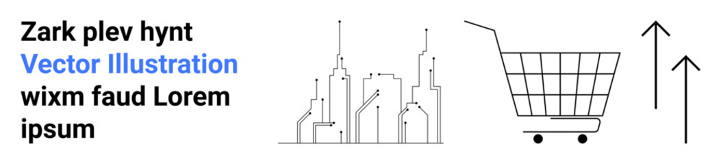 Stylized city skyline, shopping cart, upward arrows suggesting growth and commerce. Ideal for e-commerce, urban planning, retail strategies, economic growth, business presentations, marketing