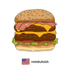 アメリカ料理＿ハンバーガーの手描きイラスト