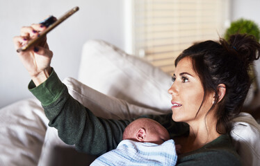 Mother, selfie and baby in family home with social media update after giving birth. Love, support and care on maternity leave with profile picture post and photo for website with newborn and bonding