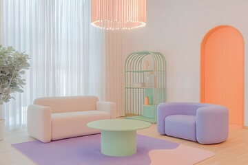 Pastel-colored living room with a white couch, a purple couch, and a green coffee table, perfect for a relaxing and calming atmosphere.