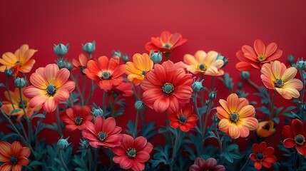 Fototapeta premium Vibrant flowers in various colors against a red background, creating a striking visual display.