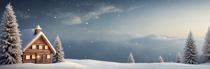 Fototapeta premium Cozy log cabin surrounded by snow-covered trees at dusk in a tranquil winter landscape