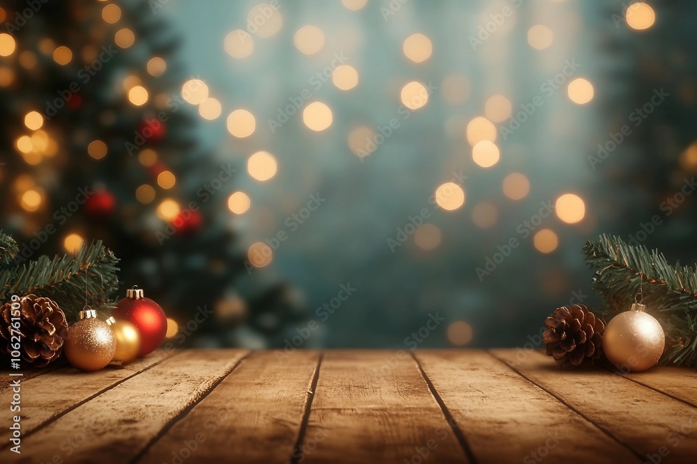 Wall mural empty christmas table background with christmas tree out of focus for product display montage