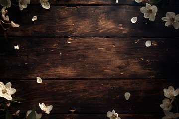 Dark rustic wood background with delicate white blossoms and petals, warm and earthy feel
