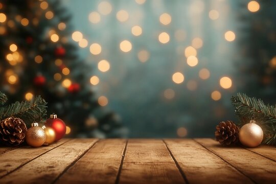 empty christmas table background with christmas tree out of focus for product display montage