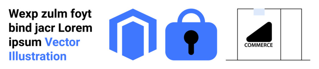 Collection of icons including a blue hexagonal symbol, a blue padlock, and a black commerce tag on a sliding panel. Ideal for cybersecurity, online safety, e-commerce, digital transactions, data