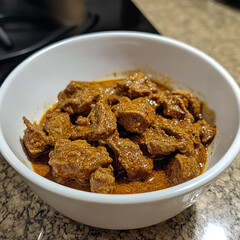 A white bowl holds a curry of browned meat chunks in a thick, light yellow sauce.

