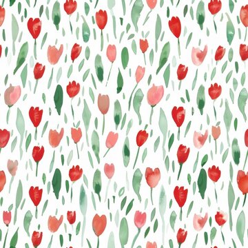 Super cute and doodly watercolor pattern of cute dispersed minimalistic tulips. red and green pastel colors 