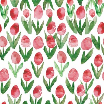 Super cute and doodly watercolor pattern of cute dispersed minimalistic tulips, red and green pastel colors 