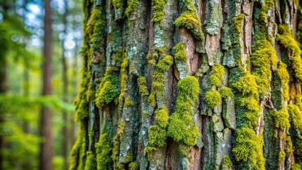 Obraz premium Rough bark of an ancient tree with moss and lichen, overgrown, lichen, untamed