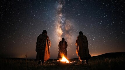 Three figures by a campfire under a starry sky, creating a serene connection with nature.