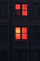 Minimalist illustration of the windows on an apartment building at night, with glowing lights from the windows