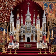 Obraz premium Medieval Majesty”: Create a virtual painting stimulated through the grandeur and opulence of medieval Europe, with complicated details and ornate structure. GENERATIVE AI