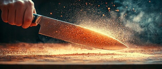 Dynamic Knife Cutting Through Flour Dust